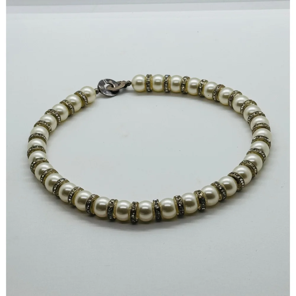 Vtg 90s Glass Faux‎ Pearl And Rhinestone Necklace 15